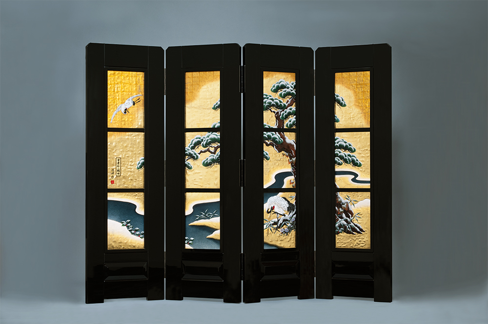 屏風 琳派「雪景松に鶴図」 | グラスアート黒木
